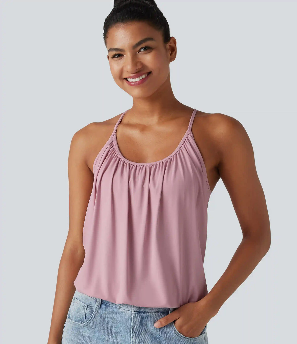 U-Neck Ruched 2-in-1 Built-in Bra InstantCool Quick Dry Casual Tank Top-UPF50+