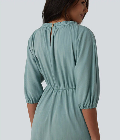 V Neck 3/4 Sleeve Midi Casual Linen-Feel Dress with Pockets