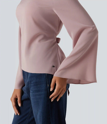 Boat Neck Flounce Long Sleeve Tie Back Asymmetric Hem Casual Blouse