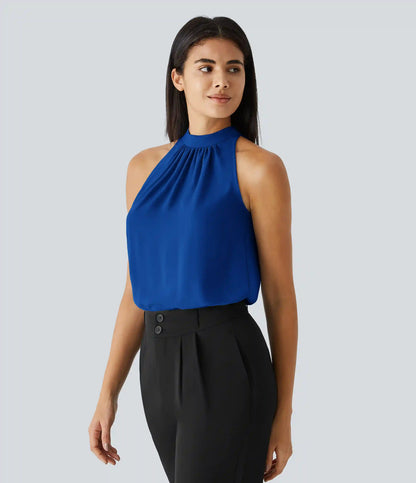 Keyhole Back Halter Sleeveless Curved Hem Work Blouse