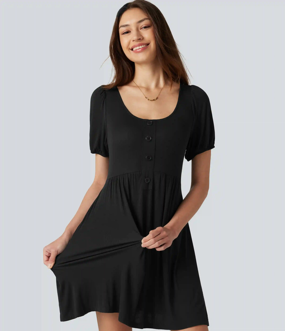 Scoop Neck Short Sleeve Tie Back Mini Casual Dress with Pockets