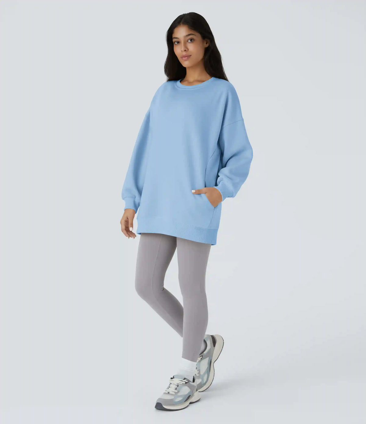 Round Neck Long Sleeve Pocket Oversize Fleece Casual Sweatshirt