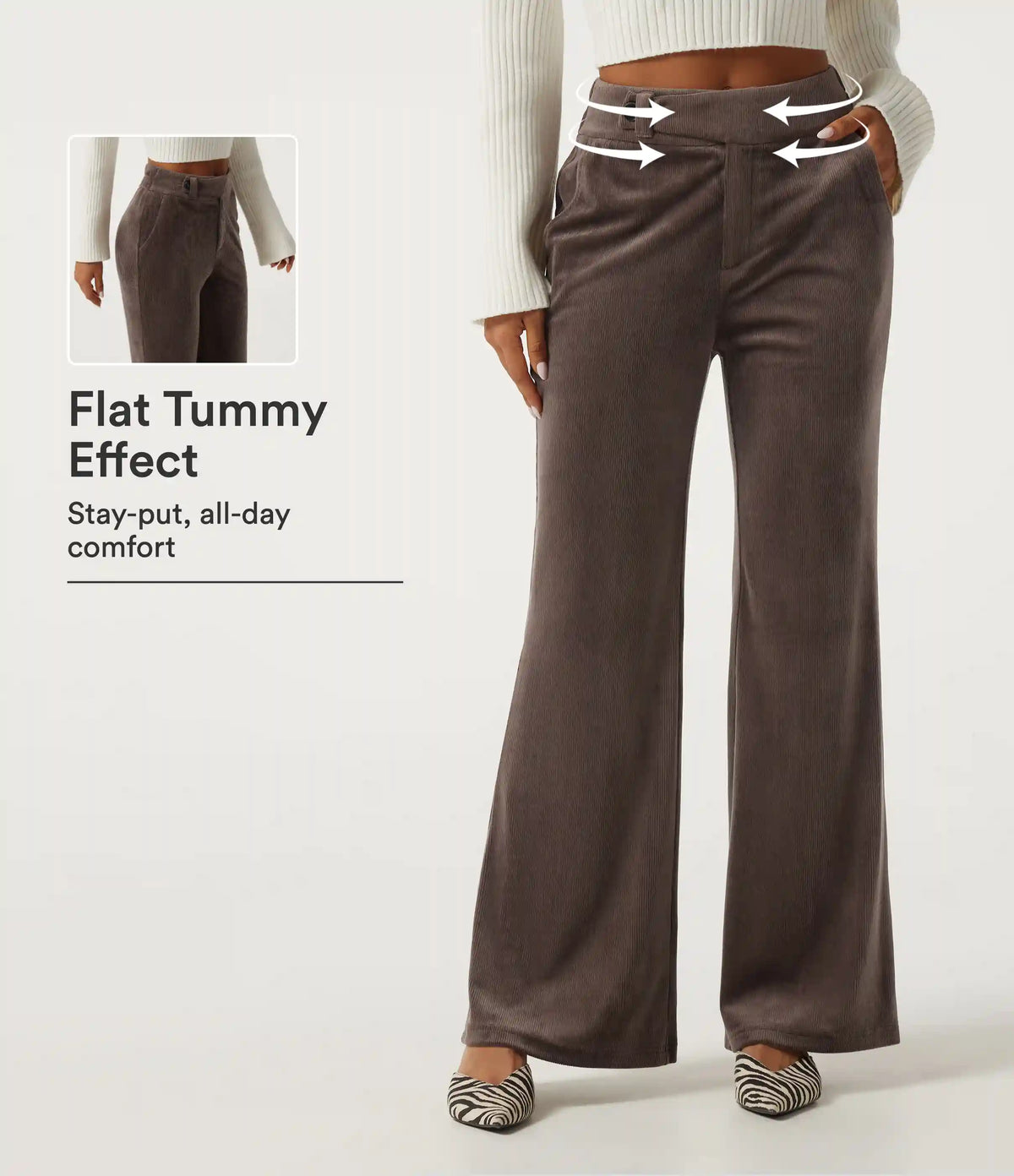 High Waisted Tummy Control Asymmetric Flare Corduroy Casual Pants with Pockets