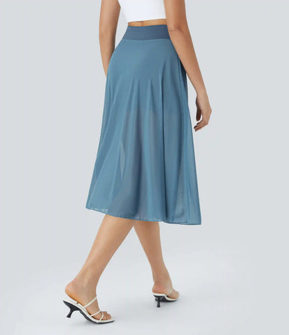 High Waisted Drawstring Contrast Mesh 2-in-1 Pocket Flowy Midi Flare Casual Skirt