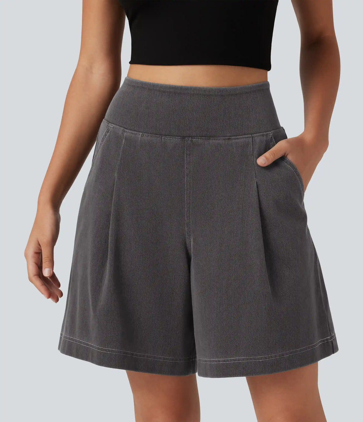 Halara Flex™ High Waisted Denim Casual Baggy Bermuda Shorts 7'' with Pockets