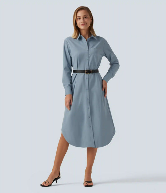 Long Sleeve Midi Work Shirt Dress with Pocket