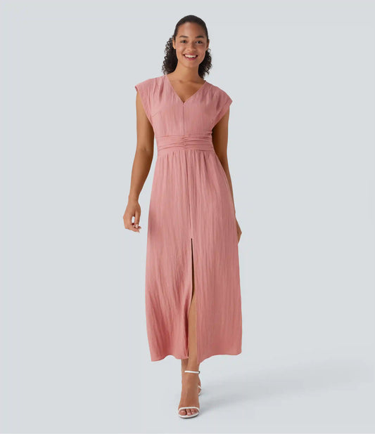 Deep V Neck Cap Sleeve Ruched Maxi Linen-Feel Dress with Pockets