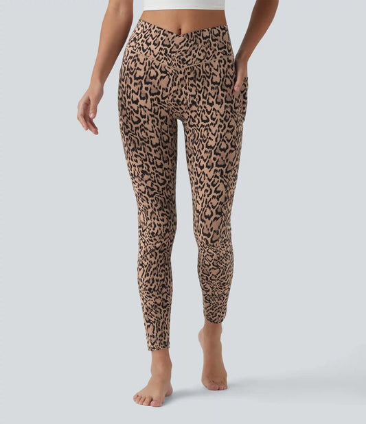 Crossover High Waisted Leopard Print Yoga 7/8 Leggings with Pockets