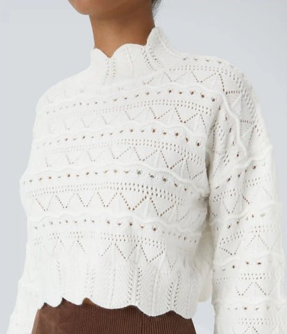 Mock Neck Bishop Sleeve Scallop Hem Open Knit Casual Sweater