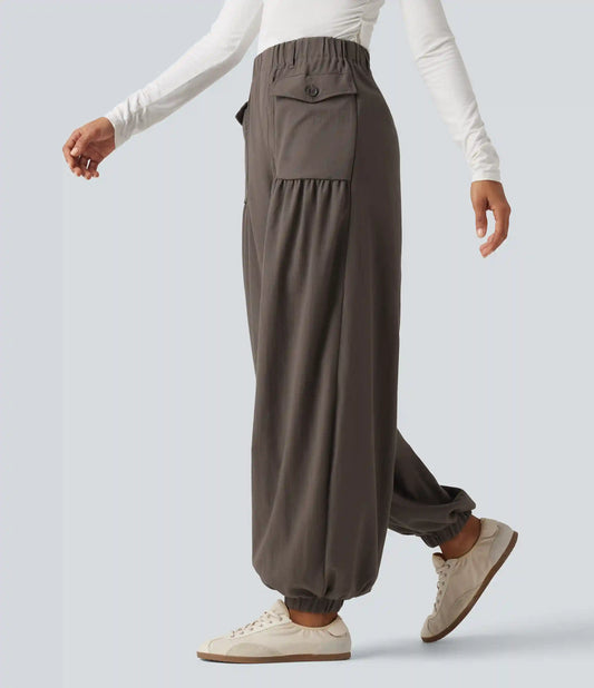 High Waisted Ruched Stacked Baggy Casual Linen-Feel Joggers with Pockets