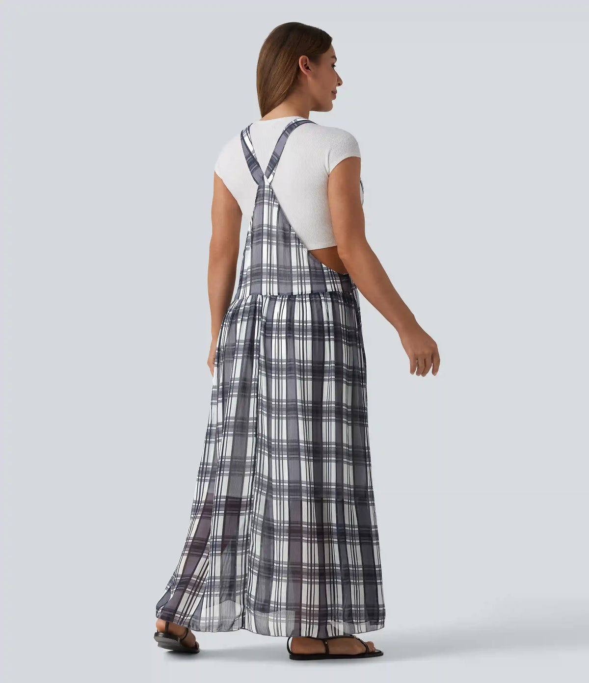Adjustable Straps Plaid/Leopard Print Maxi Flowy Casual Pinafore Dress with Pockets