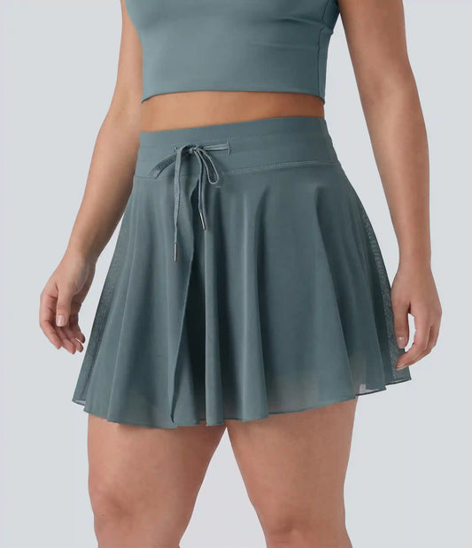 Plus Size High Waisted Drawstring Contrast Mesh 2-in-1 Flowy Mini Flare Casual Skirt with Pockets-Longer Length