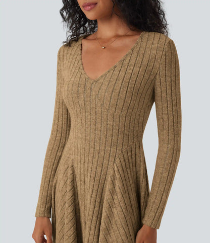Ribbed Knit V Neck Long Sleeve Flare Mini Casual Dress