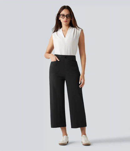 High Waisted Wide Leg Cropped Casual Stretch Linen Pants with Pockets