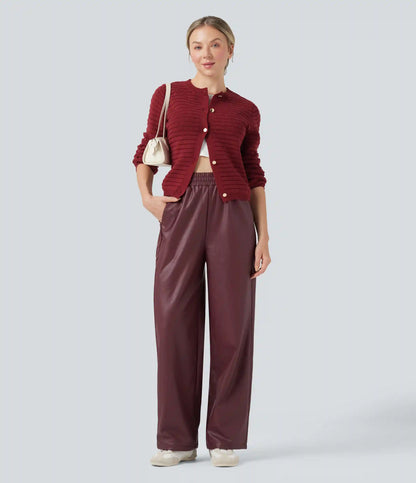 High Waisted Straight Leg Casual PU Leather Pants with Pockets