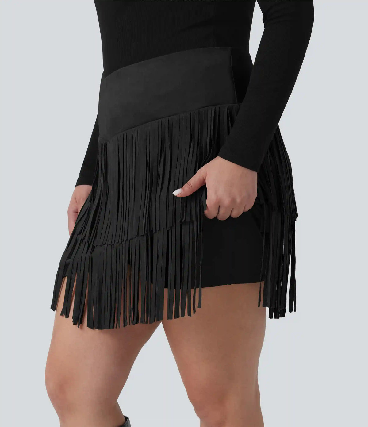 Plus Size High Waisted Crossover 2-in-1 Fringe Bodycon Suede Mini Party Skirt