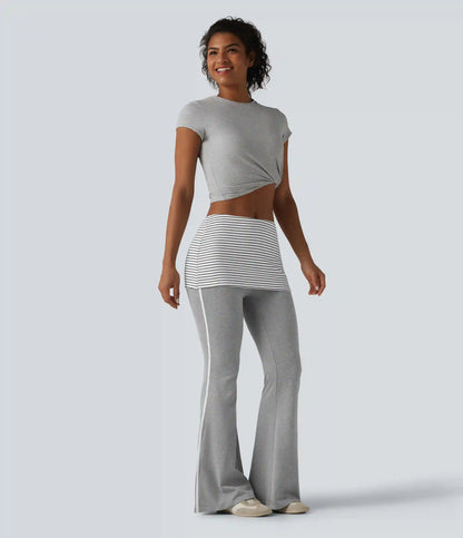 Foldover Mid Rise Stripe Flare Casual Pants
