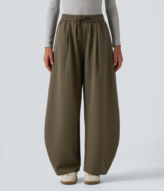 High Waisted Drawstring Barrel Leg Work Pants with Pockets