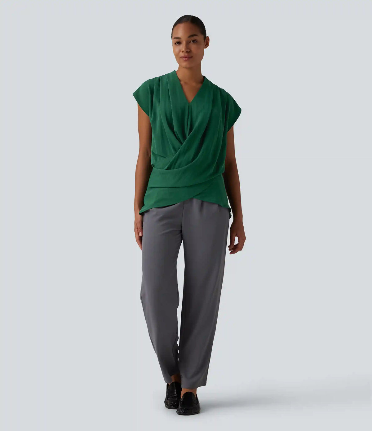 V Neck Wrapped Sleeveless Linen-Feel Work Blouse