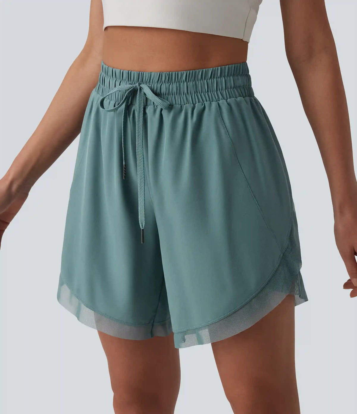 Mid Rise Drawstring Contrast Mesh 2-in-1 Flowy Yoga Shorts 7''