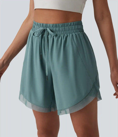 Mid Rise Drawstring Contrast Mesh 2-in-1 Flowy Yoga Shorts 7''