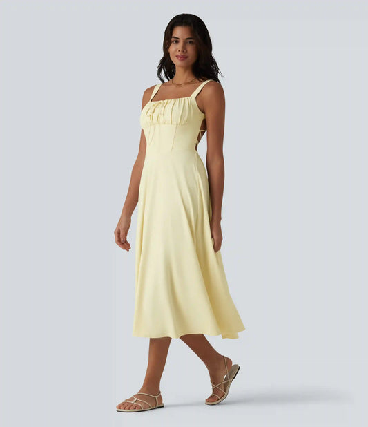 Crisscross Backless Square Neck Sleeveless Ruched Built-in Bra Midi Resort Flowy Milkmaid Dress
