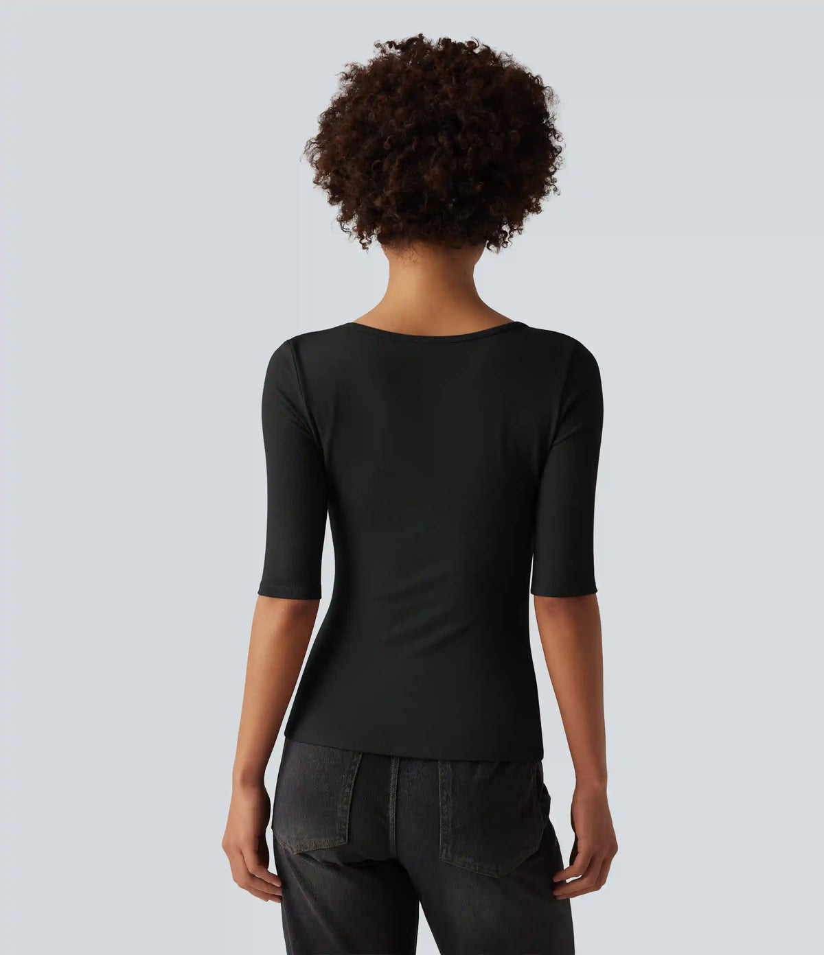 Ribbed Knit Scoop Neck Half Sleeve Casual T-Shirt