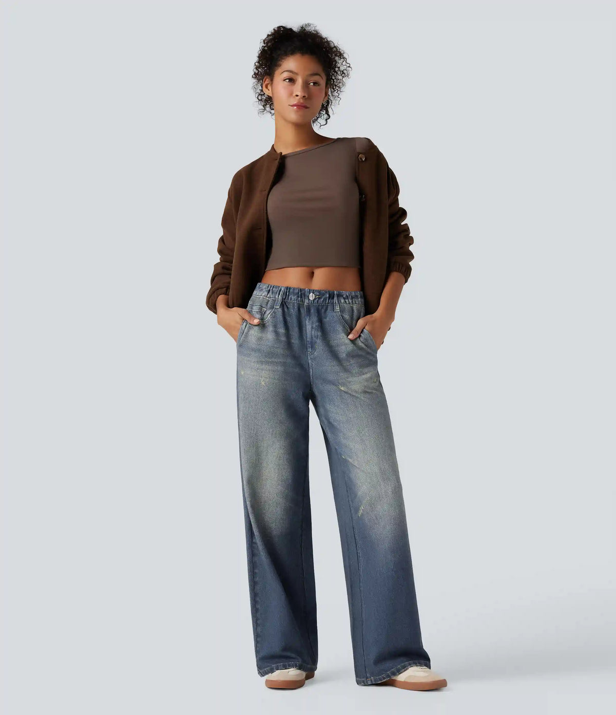 Mid Rise Denim Print French Terry Casual Sweatpants Jeans with Pockets