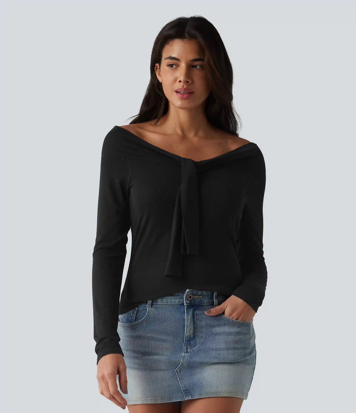 Ribbed Off-shoulder Tie-front Long Sleeve Built-in Bra Casual Top