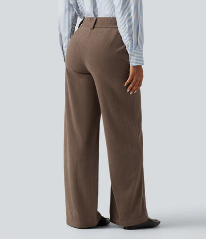 High Waisted Straight Leg Pintuck Corduroy Casual Pants with Pockets