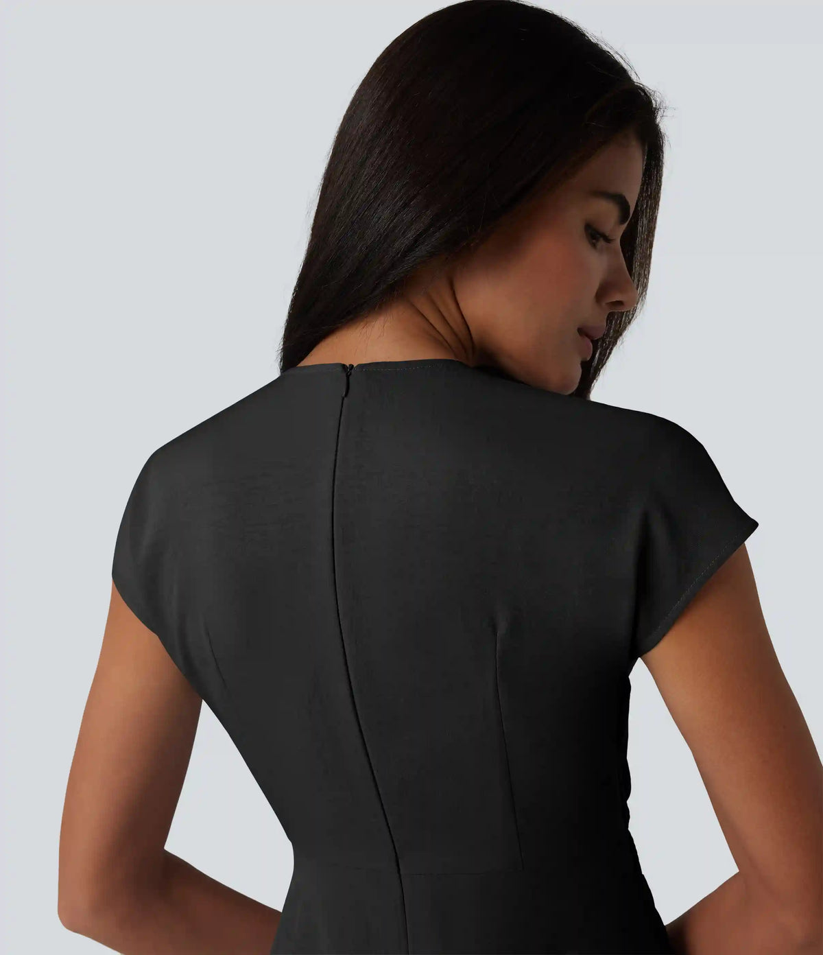 V-neck Short Sleeve Twisted Cut-out Invisible Zipper Midi Resort Dress with Pockets