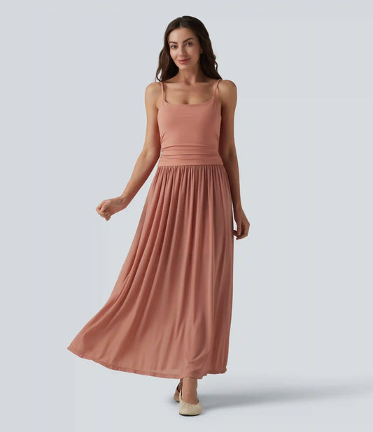 Adjustable Straps Ruched Contrast Mesh Built-in Bra Maxi Casual Flowy Slip Dress