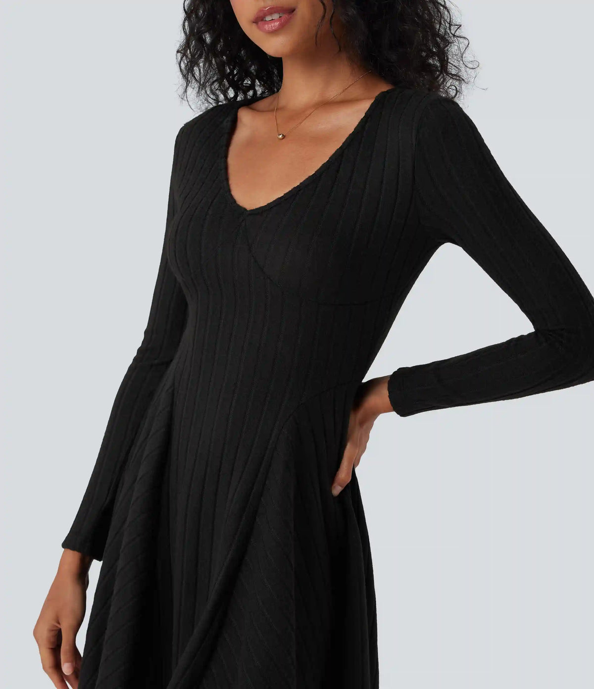 Ribbed Knit V Neck Long Sleeve Flare Mini Casual Dress