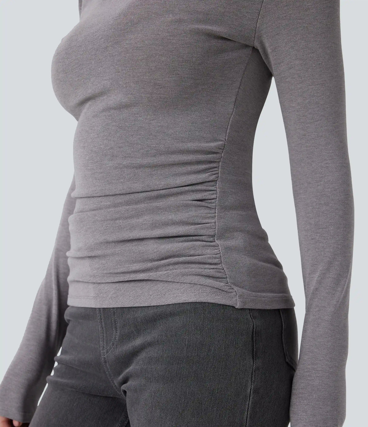 Funnel Neck Long Sleeve Ruched Skinny Thermal Casual Top
