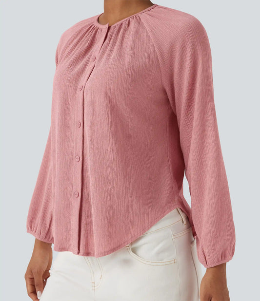 Round Neck Long Sleeve Curved Hem Textured Casual Blouse