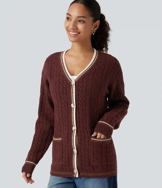 V Neck Long Sleeve Color Block Work Cardigan with Pockets
