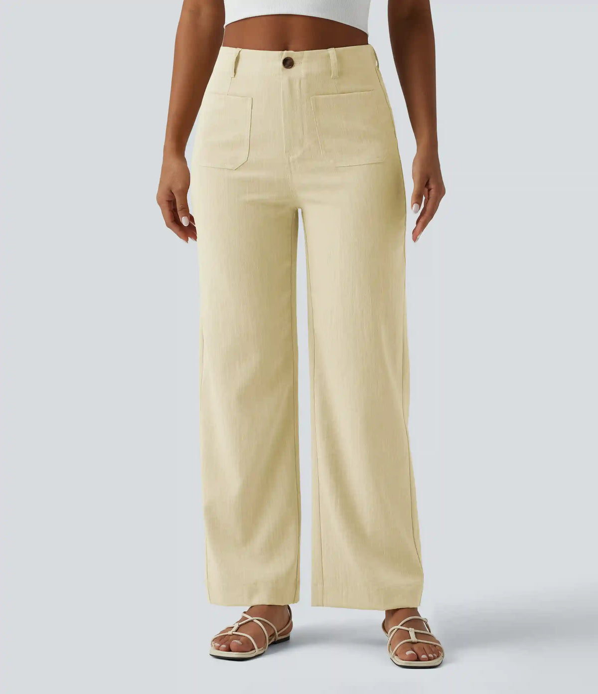 High Waisted Straight Leg Casual Linen-Feel Pants with Pockets