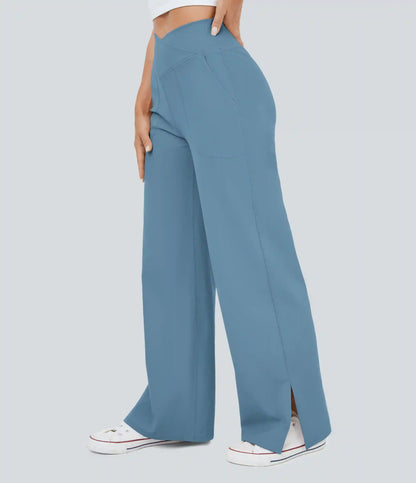 DayStretch Crossover Pocket Hem Wide Leg Yoga Pants-Smile