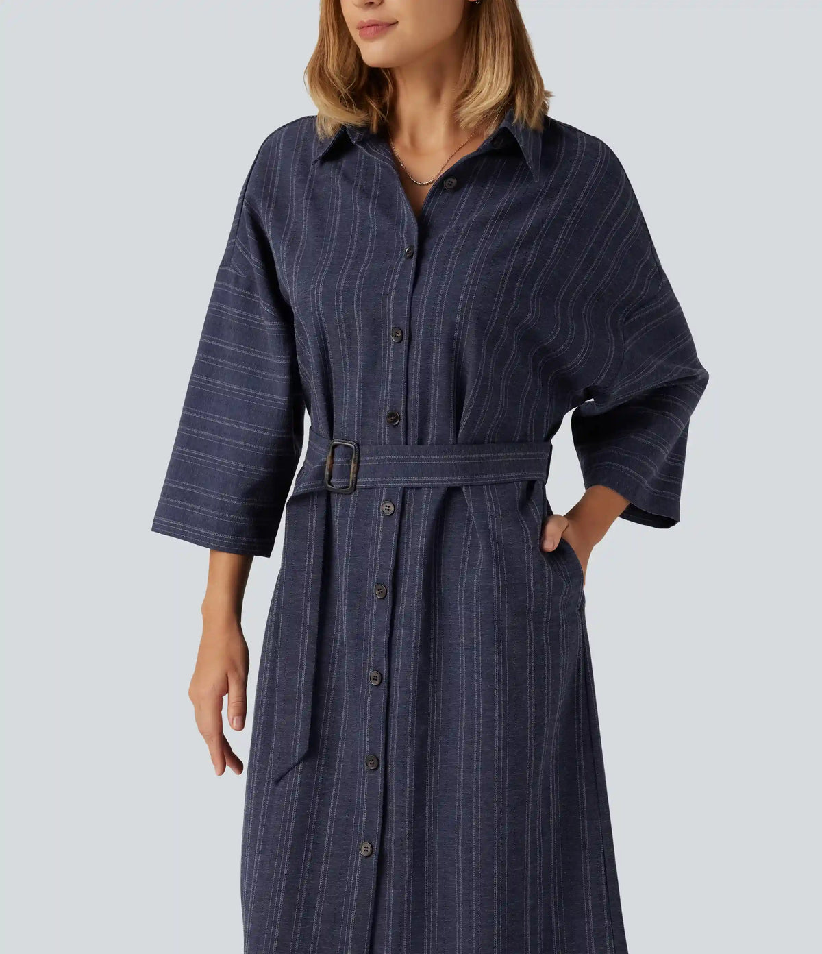 V Neck Long Sleeve Belted Stripe Midi Casual Linen-Feel Shirt Dress with Pockets