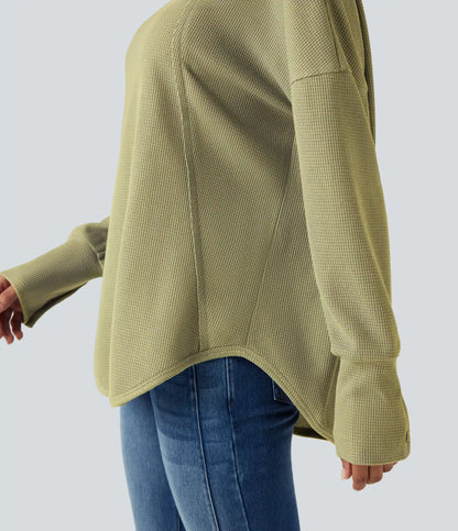 Scoop Neck Long Sleeve Curved Hem Relaxed Waffle Casual Top
