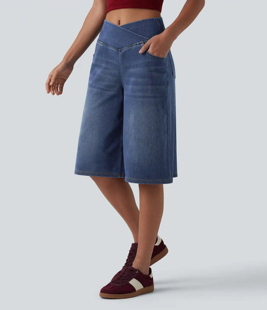 Halara Flex™ Crossover High Waisted Tummy Control Denim Casual Baggy Bermuda Shorts with Pockets