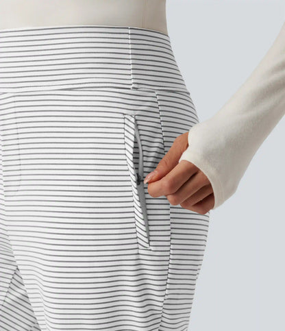 Mid Rise Stripes Work Flare Pants with Zip Pockets