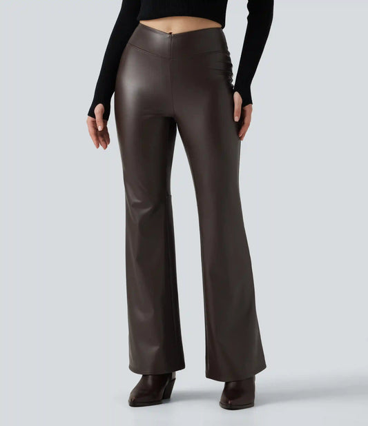 Mid Rise Stretchy PU Fleece Bootcut Casual Pants with Pocket