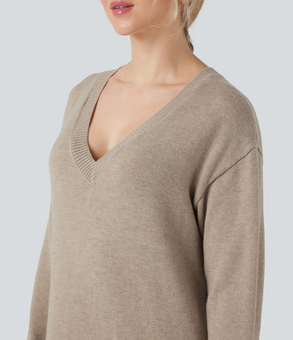 V-neck Long Sleeve Midi Wool-Blend Work Sweater Dress-Front and Back Wearable