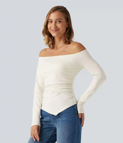 Off Shoulder Built-in Bra Long Sleeve Asymmetric Hem Casual Top