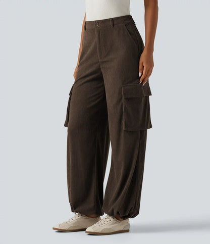 High Waisted Straight Leg Gathered Hem Corduroy Cargo Casual Pants with Pockets