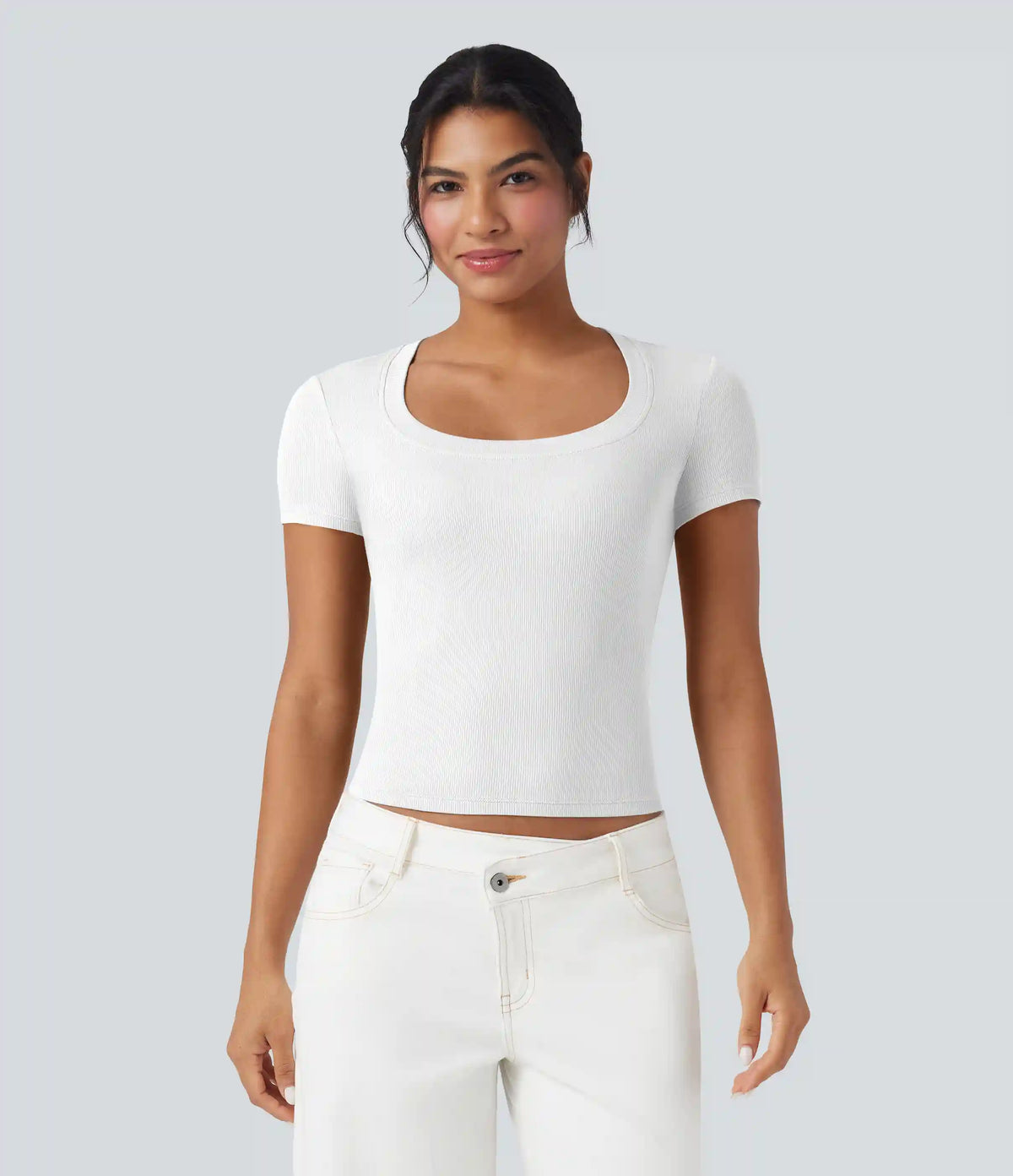 Ribbed Knit Short Sleeve Casual T-Shirt