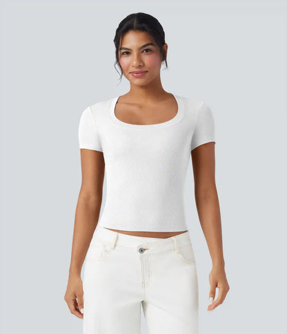 Ribbed Knit Short Sleeve Casual T-Shirt