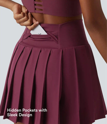 Breezeful™ High Waisted Pleated 2-in-1 Asymmetric Hem Quick Dry Mini Dance Skirt with Pockets-Longer Length