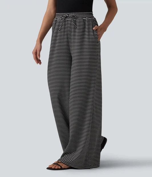 Ribbed Knit Stripes High Waisted Drawstring Casual Baggy Pants with Pockets